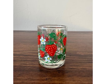 Vintage Strawberry Small Shot Glass Red Berries White Flowers Clear 2.75in
