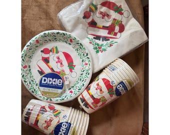 Vintage Dixie Christmas Santa Papperstallrikar Muggar Servetter Set Retro Juldekoration