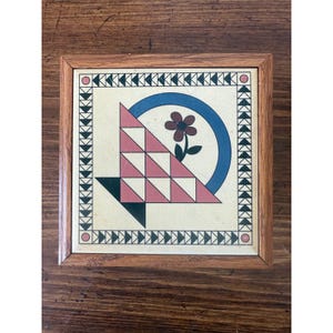 May include: Square decorative tile with a geometric design in a wooden frame. The tile features a pink and white triangle pattern, a blue circle, and a flower. The border has a repeating triangle pattern.