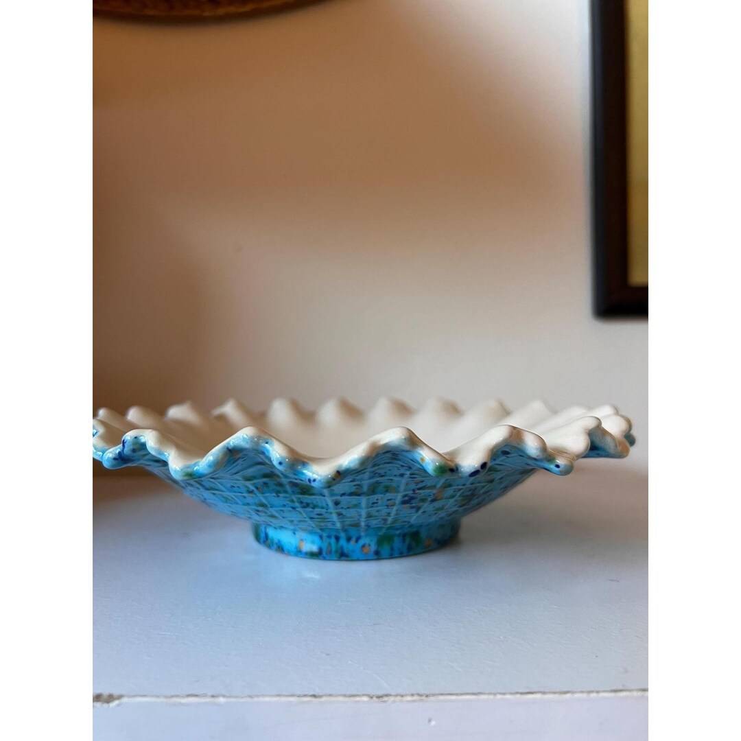 Vintage Painted Ruffle Bowl Blues and Greens - Etsy
