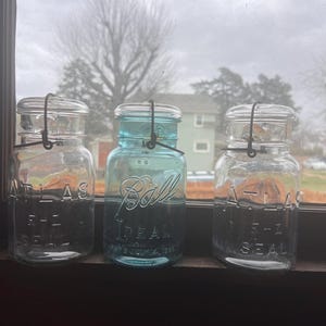 Vintage Lidded Atlas and Blue Ball Jar Antique Set of 3