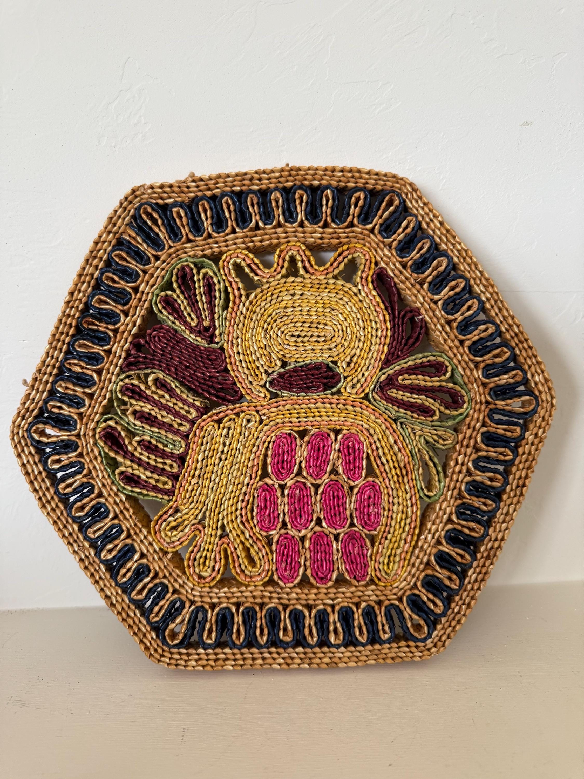 Vintage Rattan Woven Wicker Colorful Bohemian Retro 1970s Trivet or ...