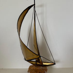 Vintage Mid Century Modern Brutalist Style Sailboat Sculpture Brass and Stone Signed by the Artist