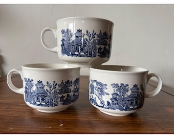 Tazas de sopa Churchill England Blue Willow, juego de 3 tazas de café extragrandes de loza