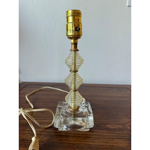 Vintage Art Deco Stacked Ribbed Glass Table Lamp Brass Base Hollywood Regency