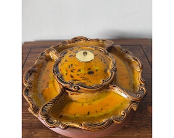 ヴィンテージ カルスタイル USA 254 セラミック レイジースーザン サービングセット イエローブラウン 7ピース