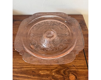Vintage Pink Depression Glass Cake Stand Hocking Princess Pattern Scalloped 10in