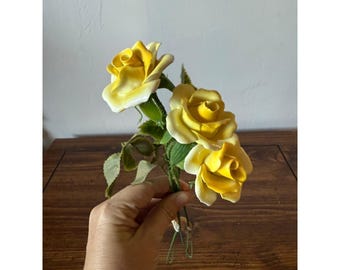 Vintage English Bone China Yellow Roses Hand Made in England Floral Stems Set 3