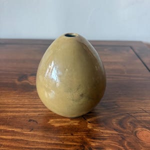 Peut inclure: Un petit vase en forme d'œuf avec une finition vert olive brillante. Le vase en céramique a une ouverture étroite en haut. Il est posé sur une surface en bois. Le vase est un objet décoratif.
