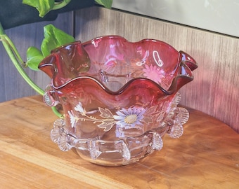 Murano Glass Ventetian Freeform Art Bowl Pink/White Flowers.
