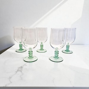 Vintage Green Stem Wine Glasses - Set of 5 Mid-Century Goblets