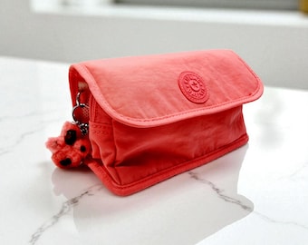 Kipling Coral Makeup Bag with Monkey Charm – Foldover Zip Case