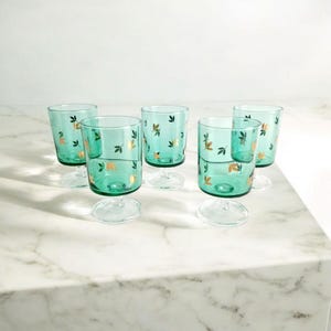 Vintage Luminarc green with gold leaves, wine/liqueur glass france 5 pc.