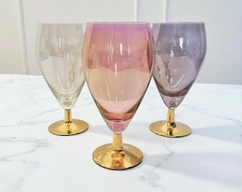 Set of 3 Vintage Wine Glasses – Gold Base & Colored Bowls