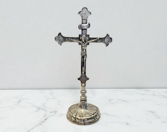 Antique Metal Crucifix on Pedestal – Jesus on Cross INRI, Religious Decor