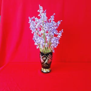 Könnte beinhalten: Ein Strauß helllilafarbener Blausternchen in einer dunkelbraunen Glasvase mit geometrischem Muster. Die Vase steht auf einer roten Oberfläche.