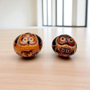 Pair of Hand-Carved Gourd Owls – Peruvian Folk Art – Etched Owl Gourd Sculpture Set