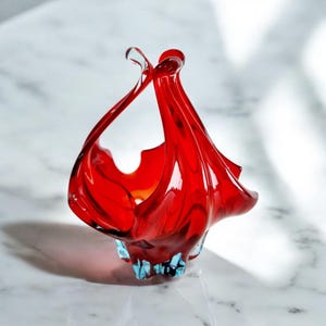 Vintage Murano red candy bowl, art deco blown glass.