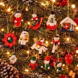 Puede incluir: Una colección de pequeños adornos navideños de madera colgados de las ramas, que incluyen figuras de ángeles, cascanueces, muñecos de nieve, un caballito balancín, una casa y una estrella, pintados en colores rojo, blanco, verde y dorado.