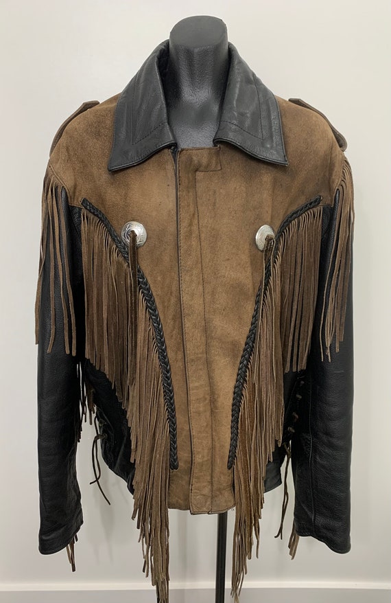 Vintage Black and Brown Leather Fringe Jacket - image 1