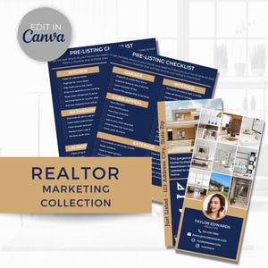 May include: A realtor marketing collection featuring a pre-listing checklist and a business card. The checklist is navy blue with white text, covering kitchen, bathroom, and garage tasks. The business card includes a photo and contact information.