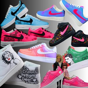 May include: Collection of custom-designed sneakers in various colors, including blue, pink, and black. Some shoes feature graphics like Marilyn Monroe, text that says "Diamonds are a girl's best friend", and the text "Good Vibes".
