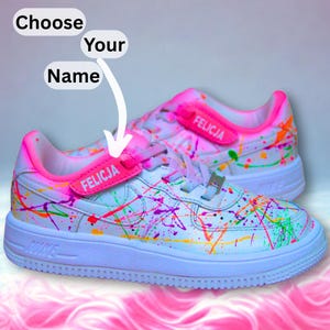 Custom kids fluorescent Nike Air Force 1 | Hand Painted Neon Custom Nike Air Force 1 Shoes with Name | Unique UV Splatter Paint Sneakers