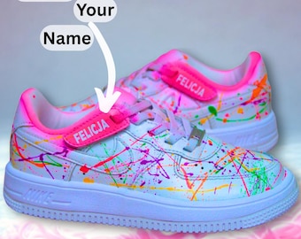 Custom kids fluorescent Nike Air Force 1 | Hand Painted Neon Custom Nike Air Force 1 Shoes with Name | Unique UV Splatter Paint Sneakers