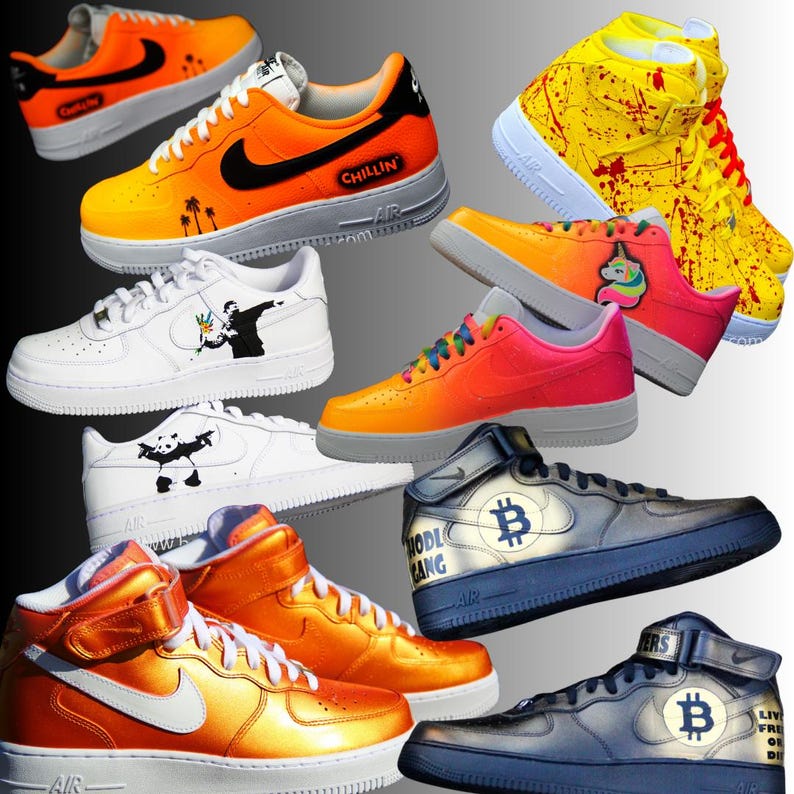 May include: A collection of custom-designed sneakers in various colors and styles. The shoes feature unique artwork, including graffiti-style designs, gradients, and graphic elements. Some sneakers have text like "CHILLIN" and "HODL GANG".