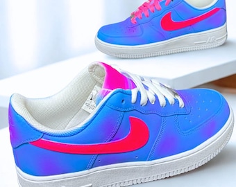Custom Nike Air Force Neon Blue air force Pink Swoosh Air Force  Hand-painted af1 custom painted sneakers UV reactive shoes