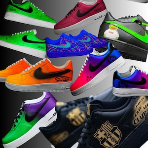 May include: A collection of custom-designed sneakers in various colors, including green, orange, blue, and purple. Each shoe features unique artwork, such as paint splatters, graphics, and text. The shoes have white soles and black Nike swooshes.