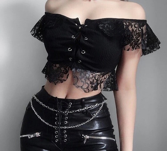 Goth Sexy Lace Mesh See Through T-shirts Aesthetic Graphic Long