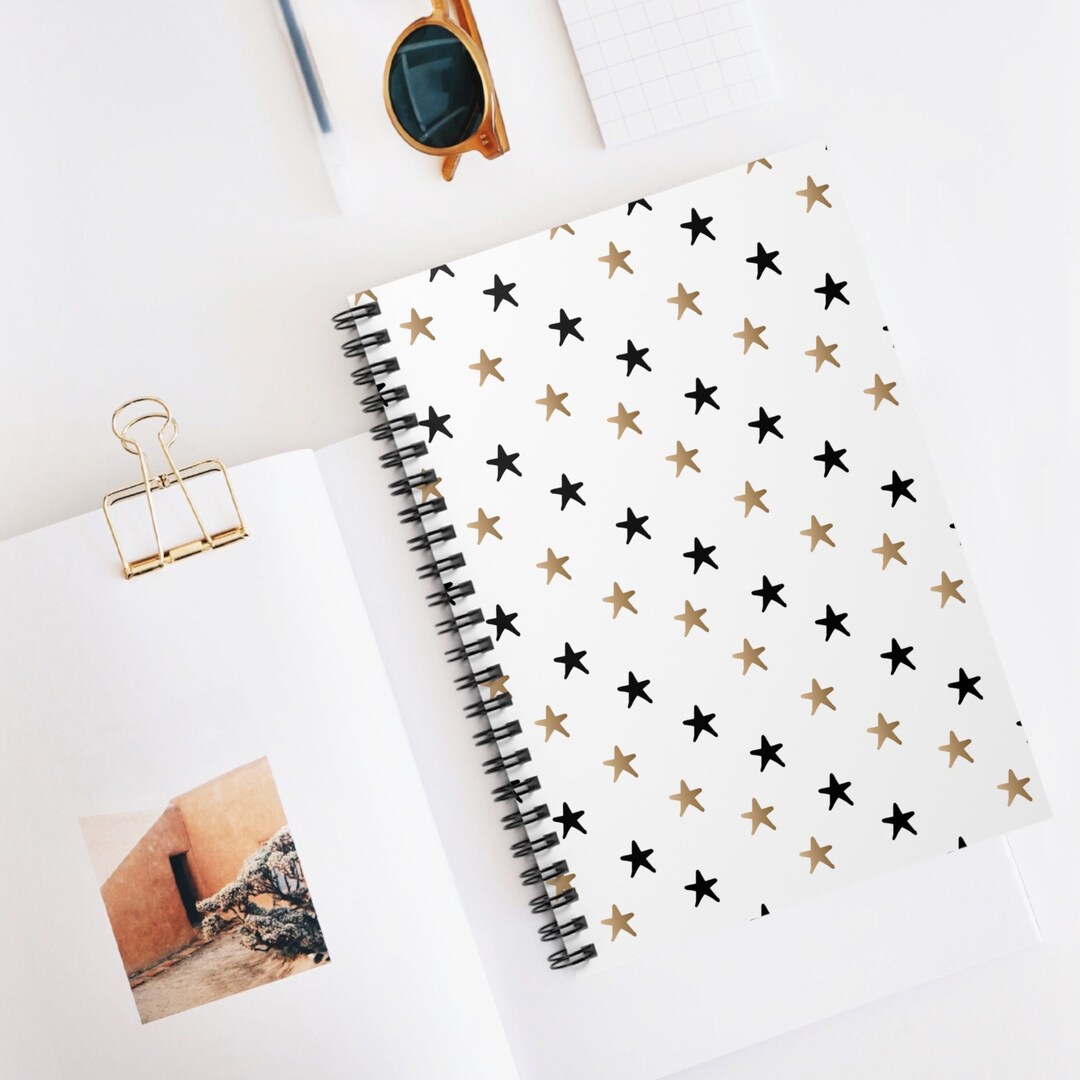 Notebook With Golden Line Black & Gold/stars/notes/spiral Notebook/ruled Line/8