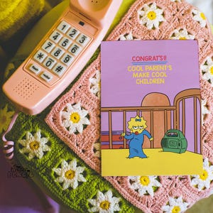 Novo bebê/ Cartão de parabéns para novos pais/ Cartão temático de Maggie Simpson para bebês dos anos 90/Casais dos anos 90