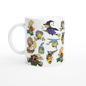 May include: White ceramic mug featuring colorful cartoon characters in various poses. The design includes characters on skateboards, flying on brooms, and other whimsical scenes. The mug has a standard handle for easy gripping.