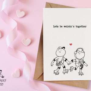 Bonita tarjeta del día de San Valentín para alguien especial: pareja de ranas "Seamos bichos raros juntos"