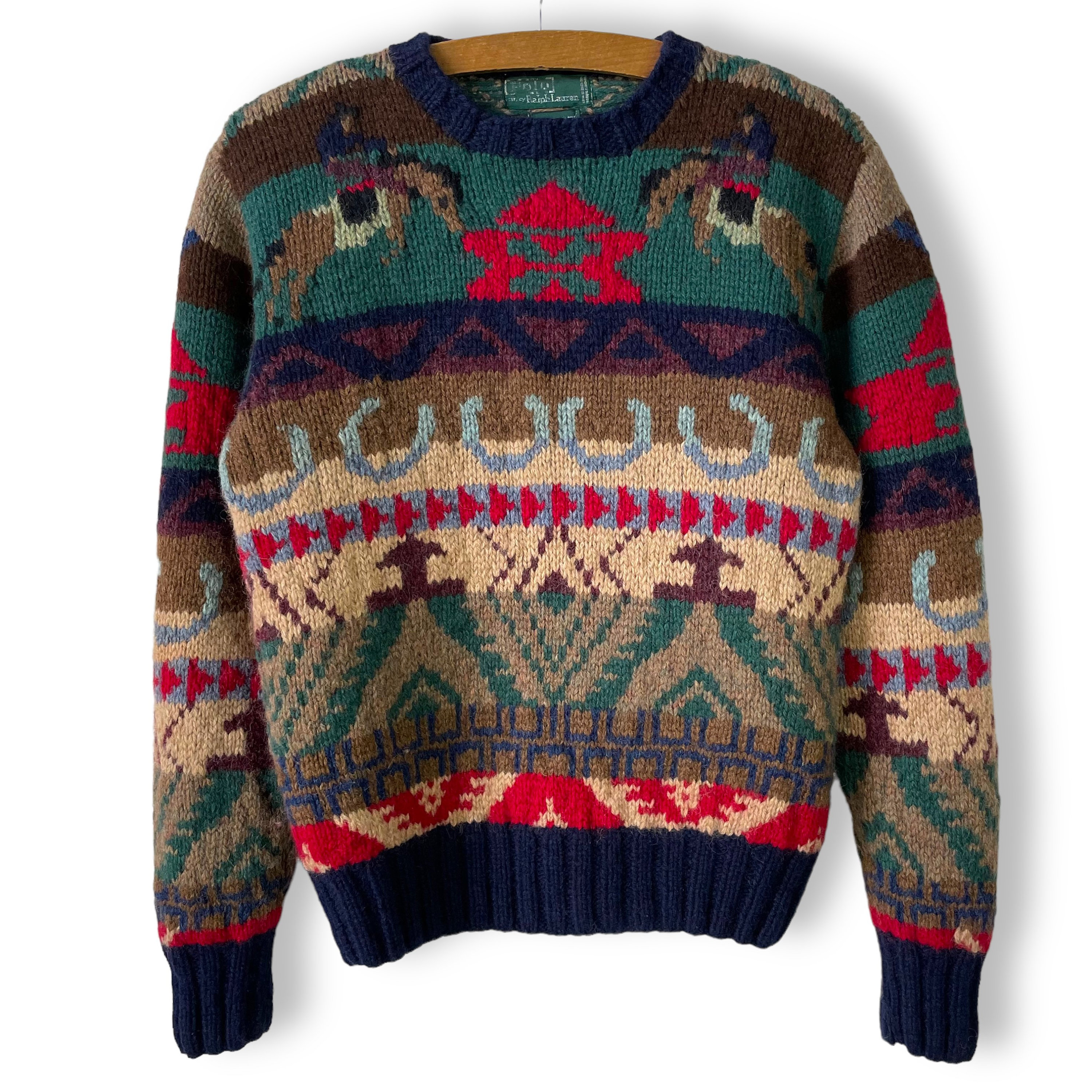 Vintage Polo Ralph Lauren Cowboy Sweater Bucking Broncos Rodeo Horses Southwestern Pattern Chunky Wool Hand Knit 80s 90s Grandpa Cottagecore Etsy UK