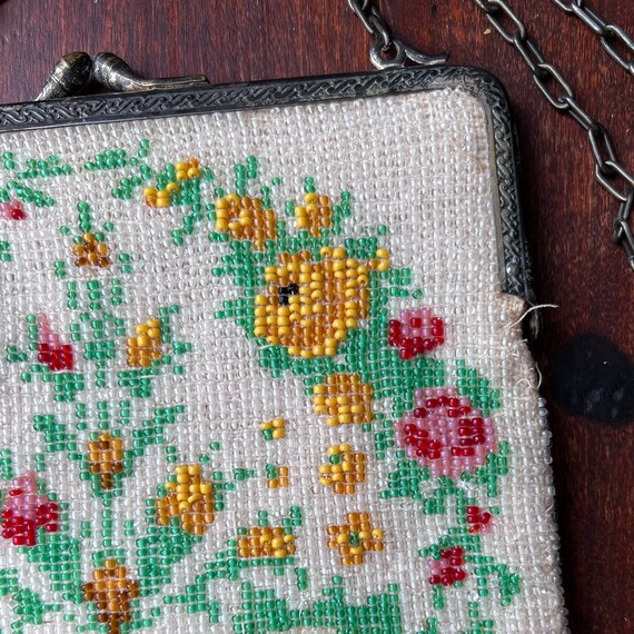 Antique Micro Beaded Purse with Roses, Metal Clutch w… - Gem
