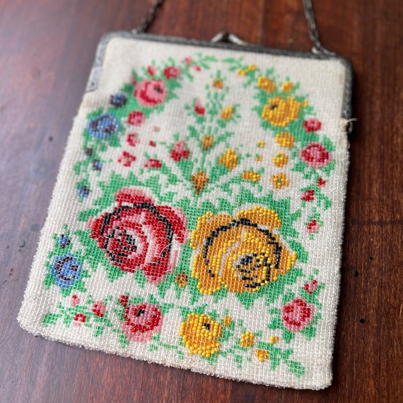 Antique Micro Beaded Purse with Roses, Metal Clutch w… - Gem