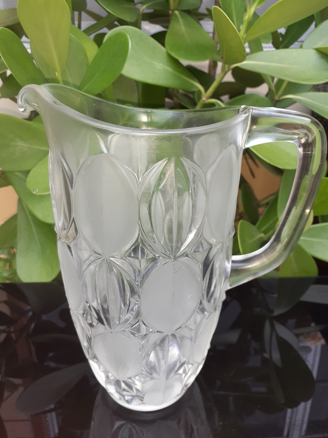 Vintage Crystal Pitcher With Frosted Oval Pattern Etsy
