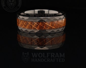 The Midnight Invictus, Diamond Cut, Whiskey Barrel Wood, Black Ceramic, Wedding Band, Engagement Ring, Mens Ring, Oak Wood Inlay, Wolfram