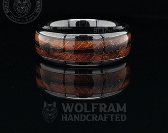 The Midnight Sherwood, Rounded, Whiskey Barrel Wood, Black Ceramic, Wedding Band, Engagement Ring, Mens Ring, Oak Wood Inlay, Wolfram
