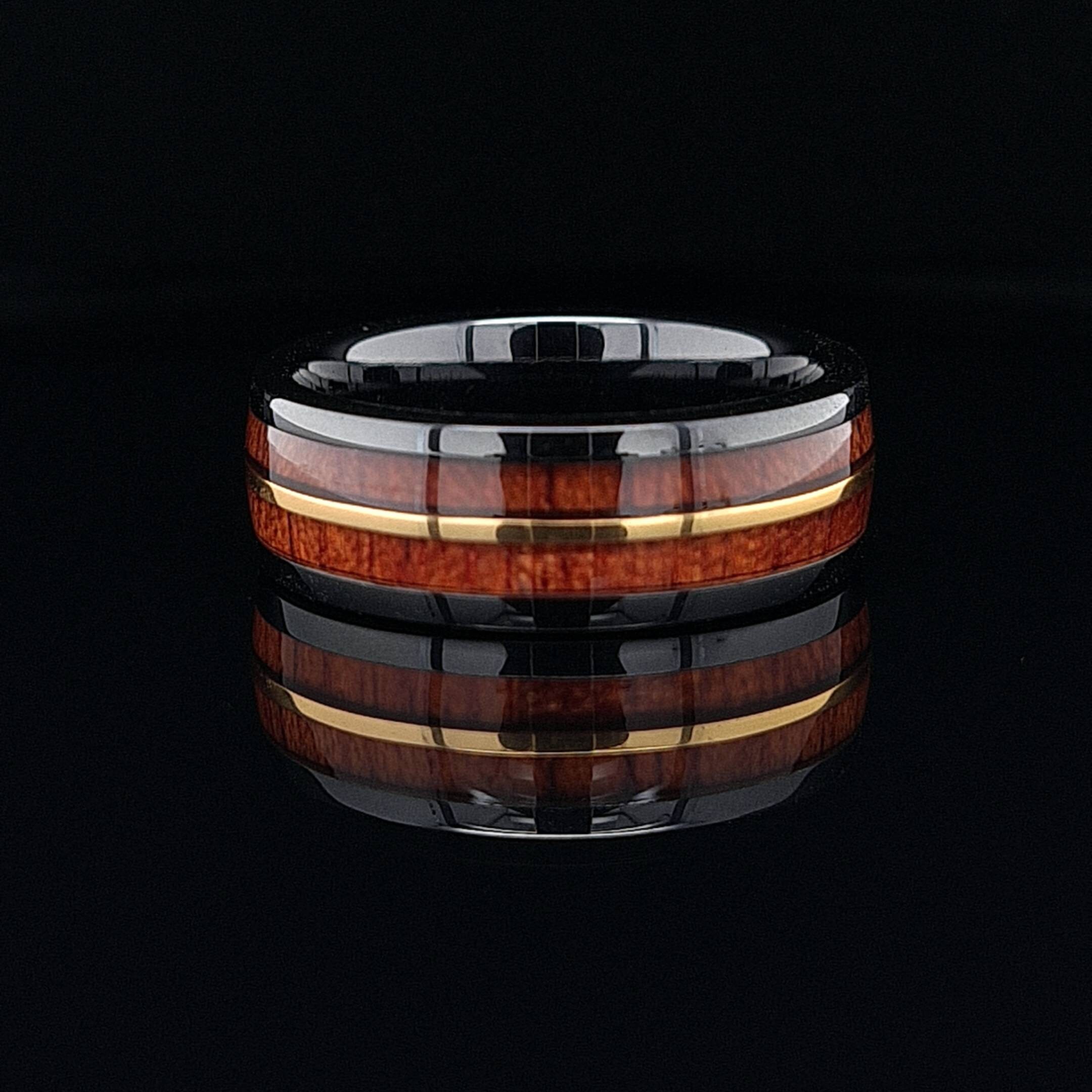 The Midnight Griffin, Koa Wood, High Polish, Ceramic Ring, Wedding Band, Engagement Ring, Mens Ring, Wolfram