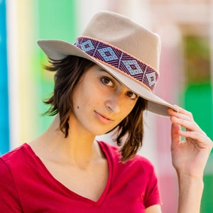 Beige Fedora Alpaca Wool Hat | Andean Short Brim Unisex Hat | Peruvian Artisan-made, sustainable, Handmade Hat with woven Textile Hat Band