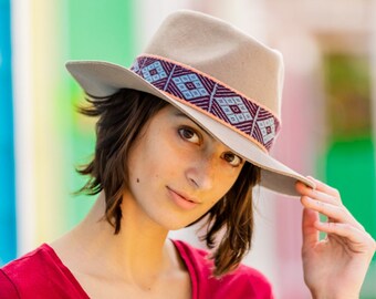 Beige Fedora Alpaca Wool Hat | Andean Short Brim Unisex Hat | Peruvian Artisan-made, sustainable, Handmade Hat with woven Textile Hat Band