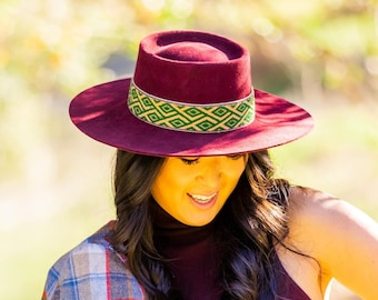 Maroon Bucket Alpaca Wool Hat | Medium Brim Bolero Boater Hat | Peruvian Artisan-made, sustainable Unisex Handmade Hat woven Textile Band