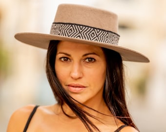Beige Spanish Alpaca Wool Hat | Andean Wide Brim Bolero Boater Hat | Peruvian Artisan-made, sustainable Unisex with woven Textile Band