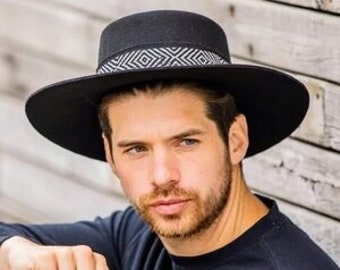 Black Spanish Alpaca Wool Hat | Andean Wide Brim Bolero Boater Hat | Peruvian Artisan-made, sustainable Unisex with woven Textile Hat Band
