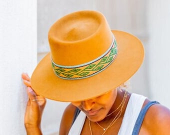 Camel Bucket Alpaca Wool Hat | Medium Brim Bolero Boater Hat | Peruvian Artisan-made, sustainable Unisex Handmade Hat woven Textile Band
