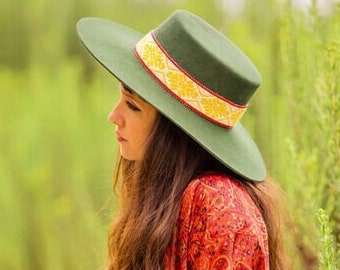 Green Spanish Alpaca Wool Hat | Wide Brim Bolero Boater Hat | Peruvian Artisan-made, sustainable Unisex Handmade Hat with woven Textile Band